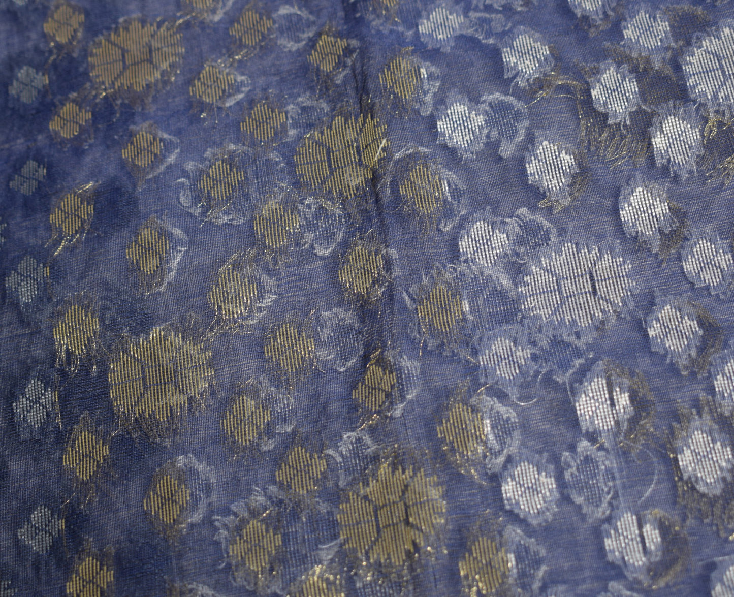 Sushila Vintage Blue Scrap Sari Handloom Art Organza Jamdani Woven Saree Fabric