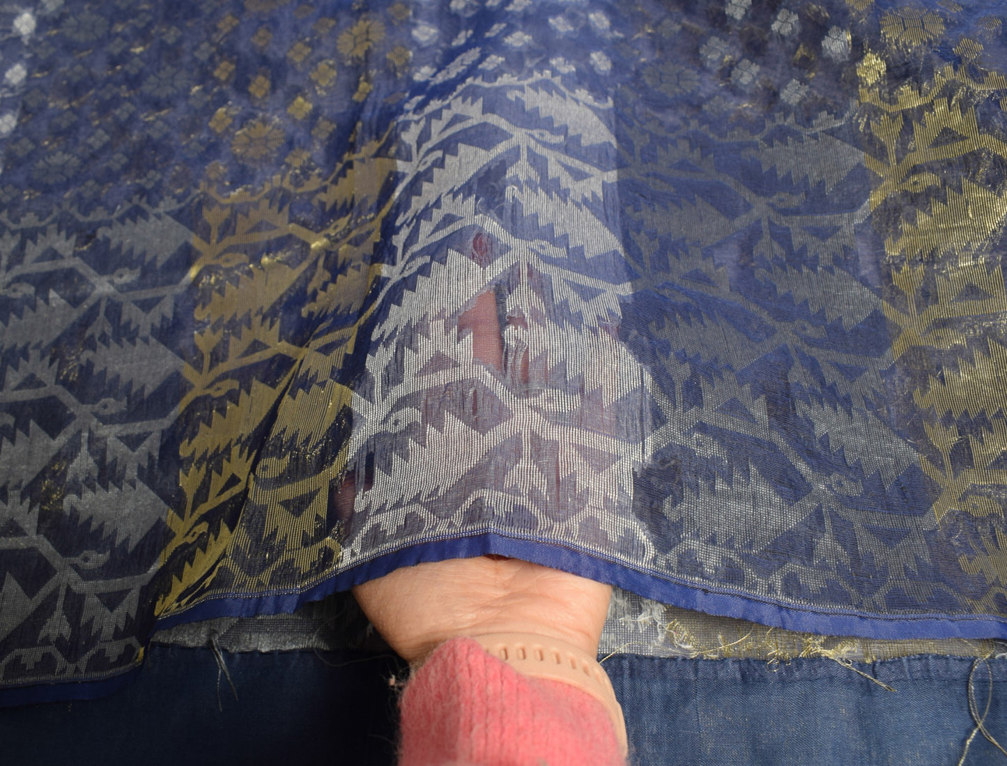 Sushila Vintage Blue Scrap Sari Handloom Art Organza Jamdani Woven Saree Fabric