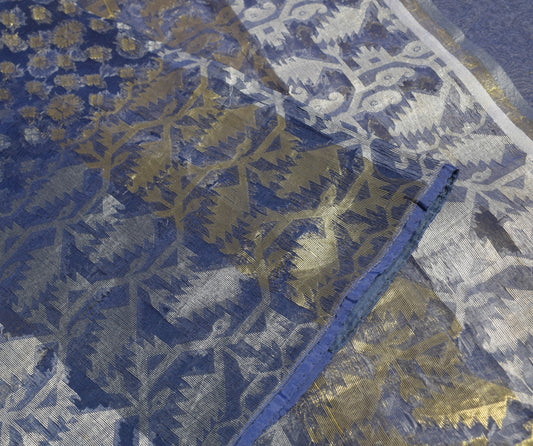 Sushila Vintage Blue Scrap Sari Handloom Art Organza Jamdani Woven Saree Fabric