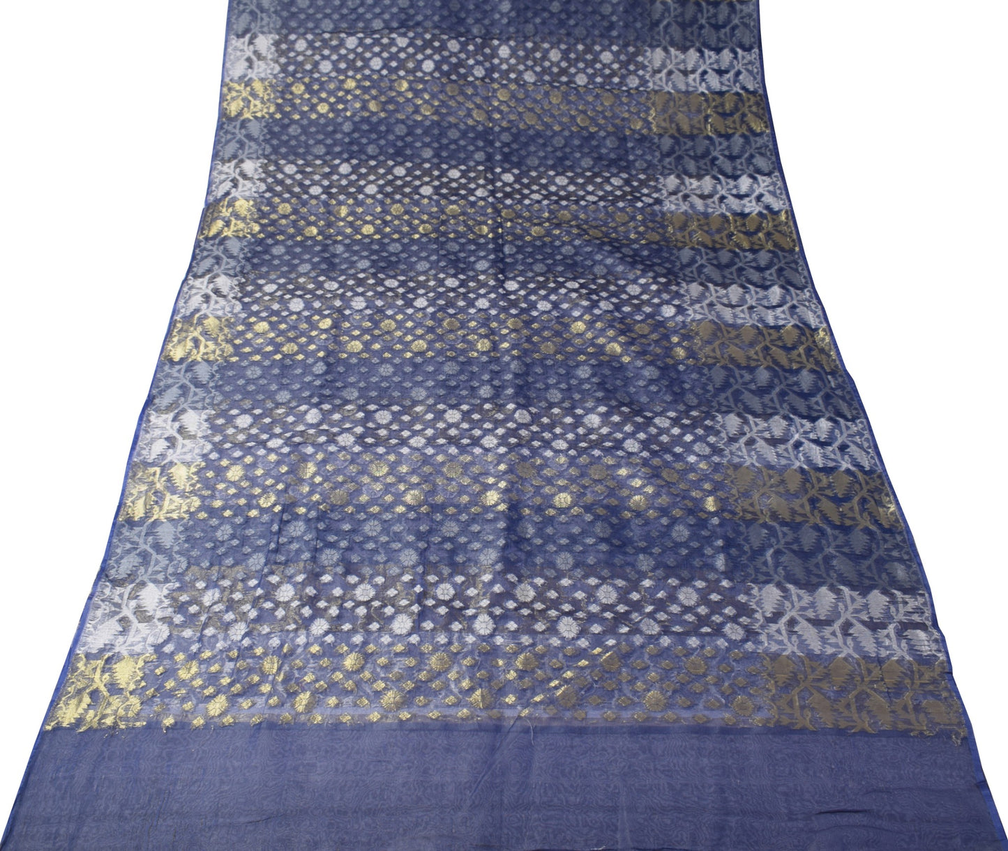 Sushila Vintage Blue Scrap Sari Handloom Art Organza Jamdani Woven Saree Fabric