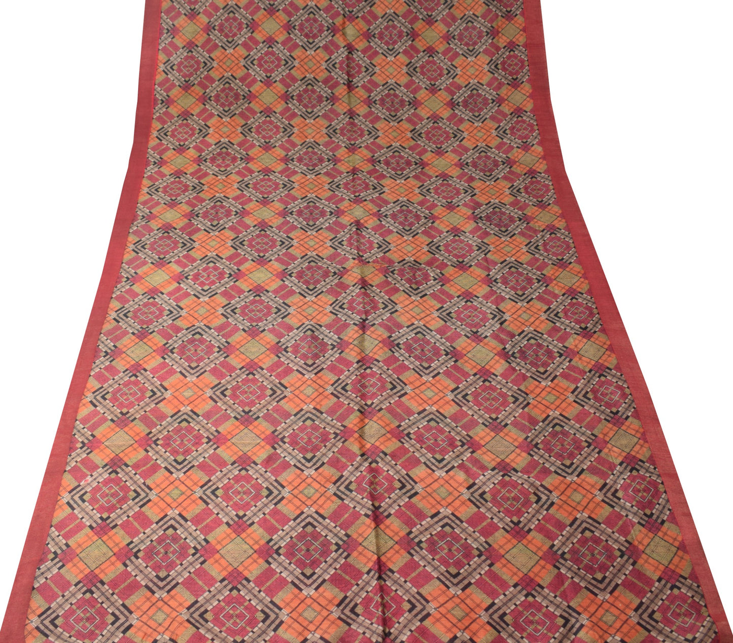Sushila Vintage Pure Cotton Silk Scrap Saree Geometrical Printed Sari Fabric