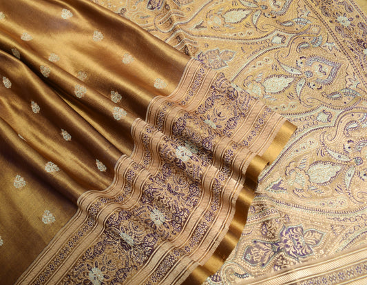 Sushila Vintage Banarasi Brocade Scrap Saree Pure Satin Silk Mustard Sari Fabric
