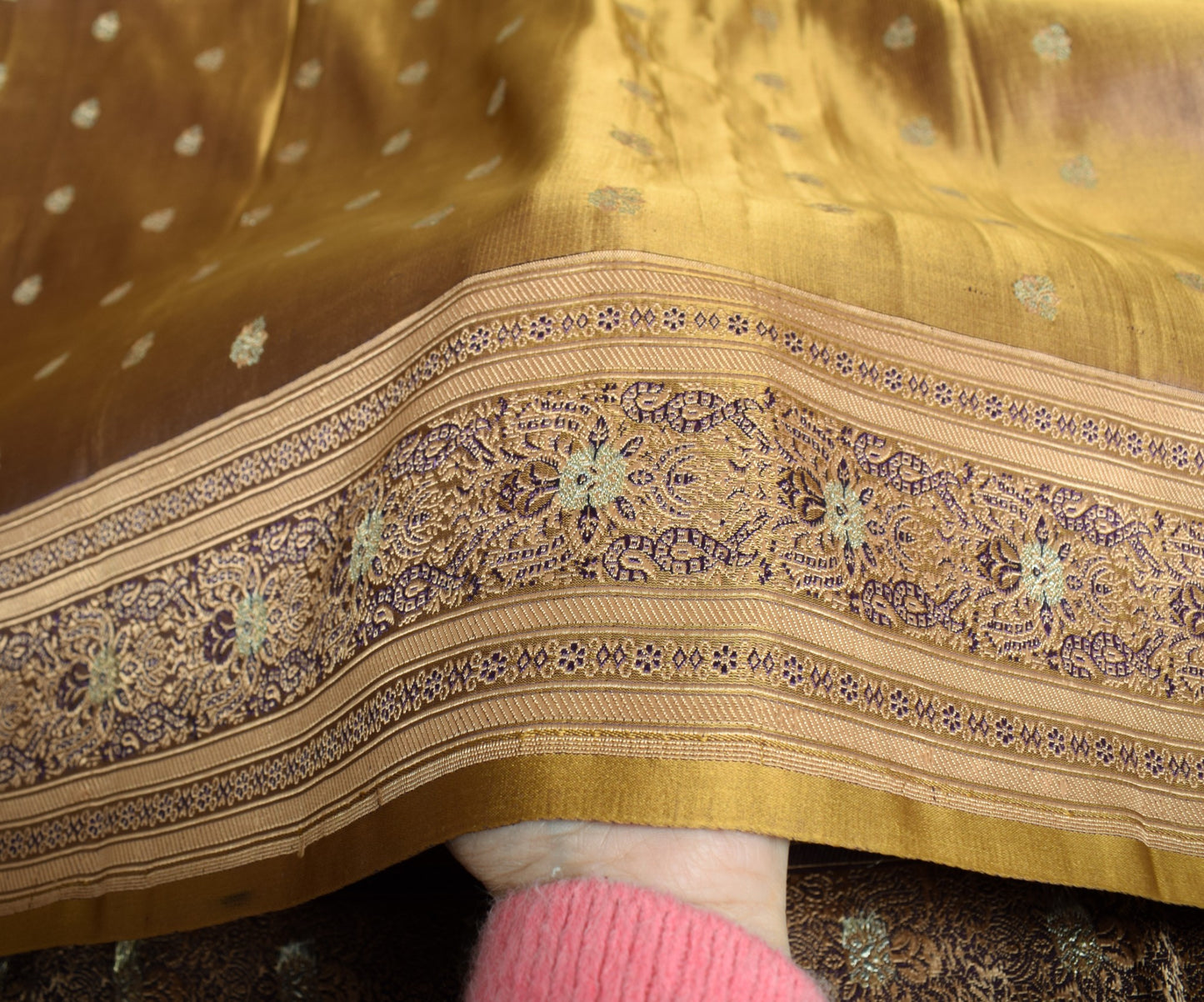 Sushila Vintage Banarasi Brocade Scrap Saree Pure Satin Silk Mustard Sari Fabric