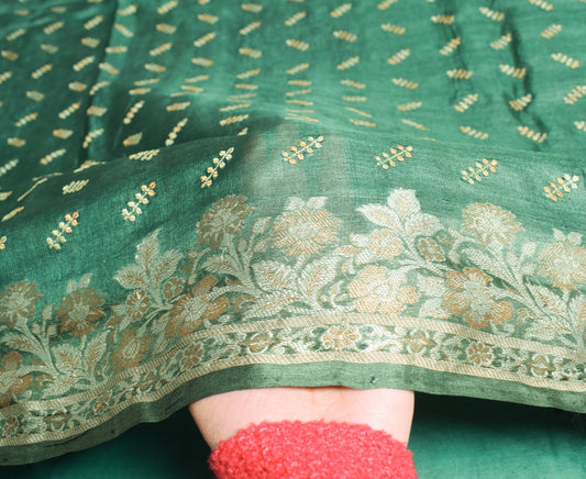 Sushila Vintage Green Woven Scrap Saree Pure Tussar Silk Embroidered Sari Fabric