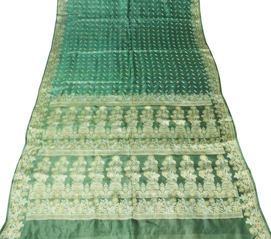 Sushila Vintage Green Woven Scrap Saree Pure Tussar Silk Embroidered Sari Fabric