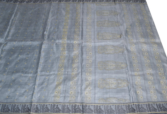 Sushila Vintage Hand Woven Baluchari Scrap Saree Pure Cotton Gray Sari Fabric
