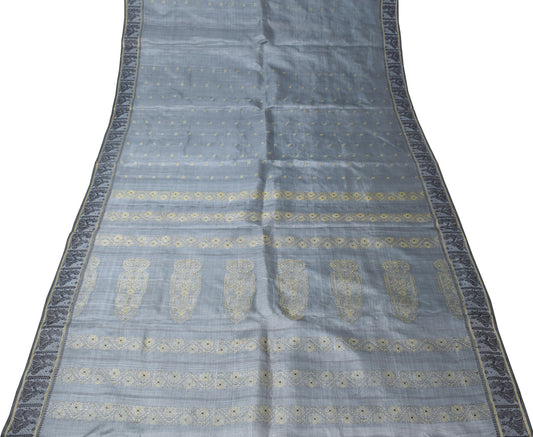 Sushila Vintage Hand Woven Baluchari Scrap Saree Pure Cotton Gray Sari Fabric