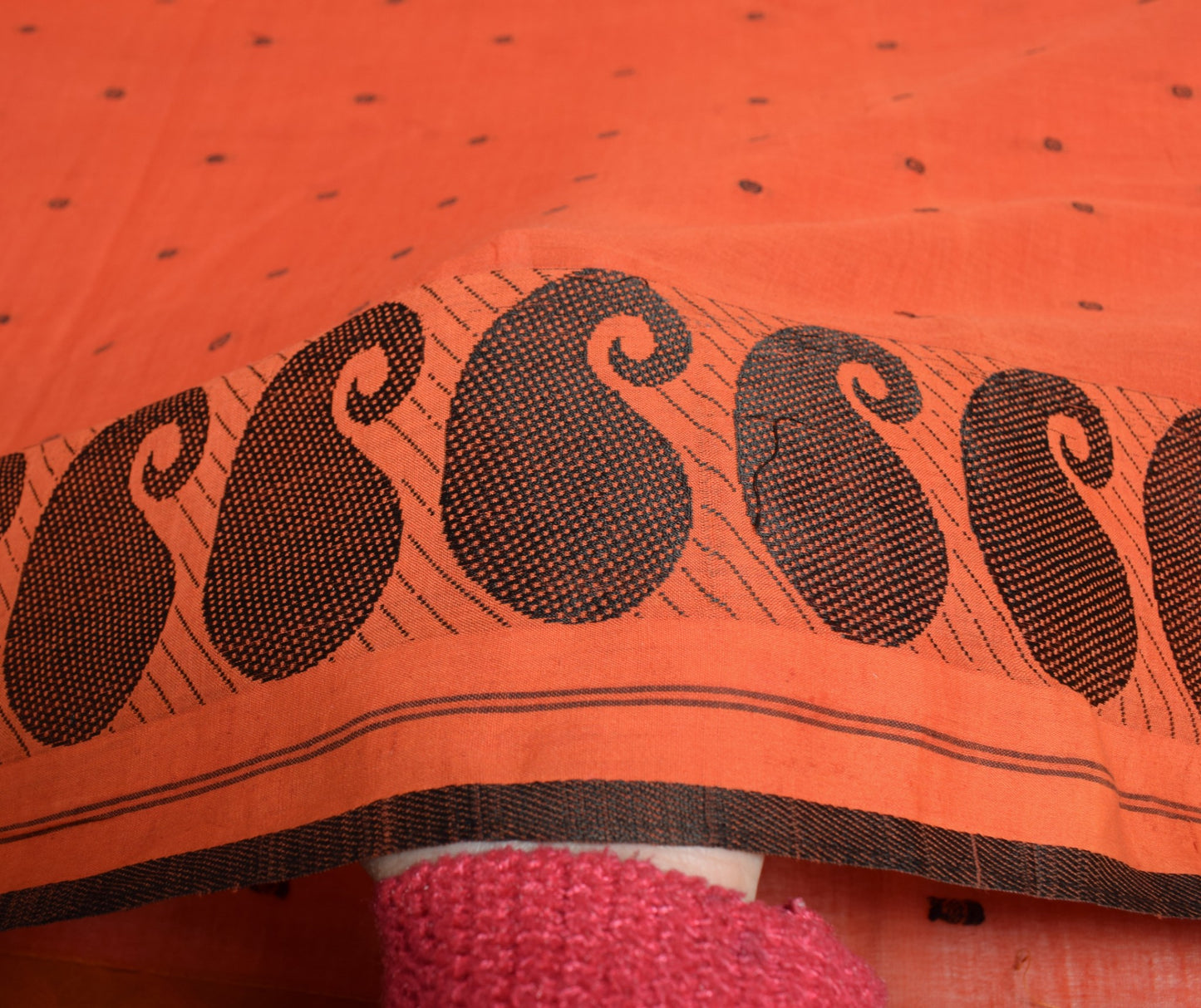 Sushila Vintage Hand Woven Scrap Saree Pure Cotton Orange 5 Yd Sari Craft Fabric