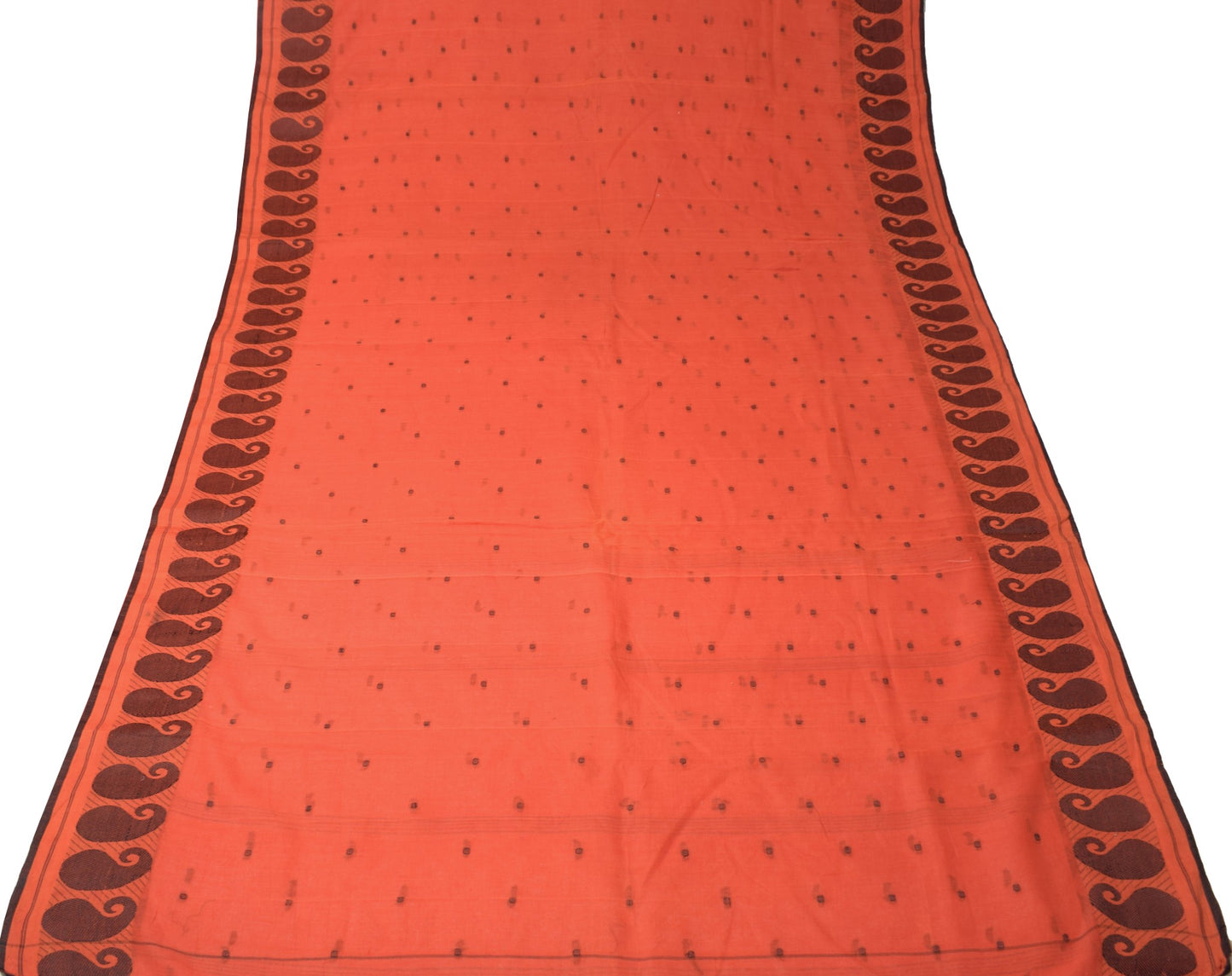 Sushila Vintage Hand Woven Scrap Saree Pure Cotton Orange 5 Yd Sari Craft Fabric