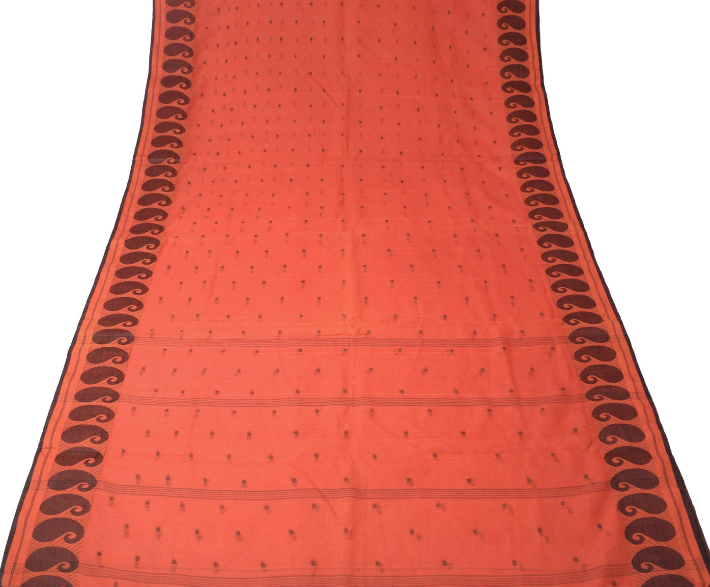 Sushila Vintage Hand Woven Scrap Saree Pure Cotton Orange 5 Yd Sari Craft Fabric