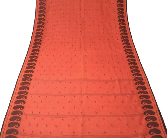 Sushila Vintage Hand Woven Scrap Saree Pure Cotton Orange 5 Yd Sari Craft Fabric