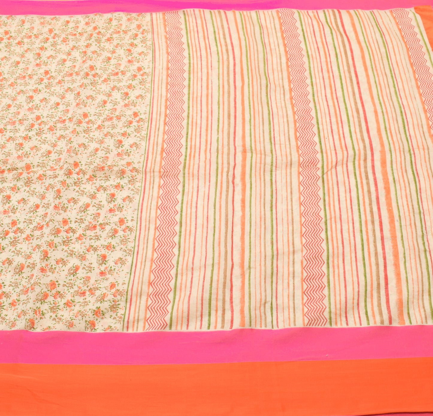 Sushila Vintage Cream Scrap Saree Cotton Silk Printed Floral Sari Dress Fabric
