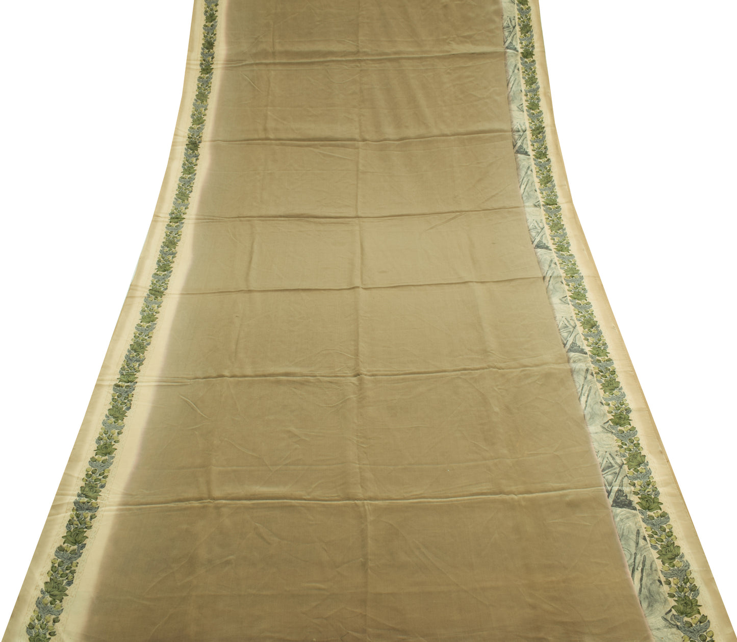 Sushila Vintage Green Scrap Saree Pure Crepe Silk Printed Floral Sari Fabric