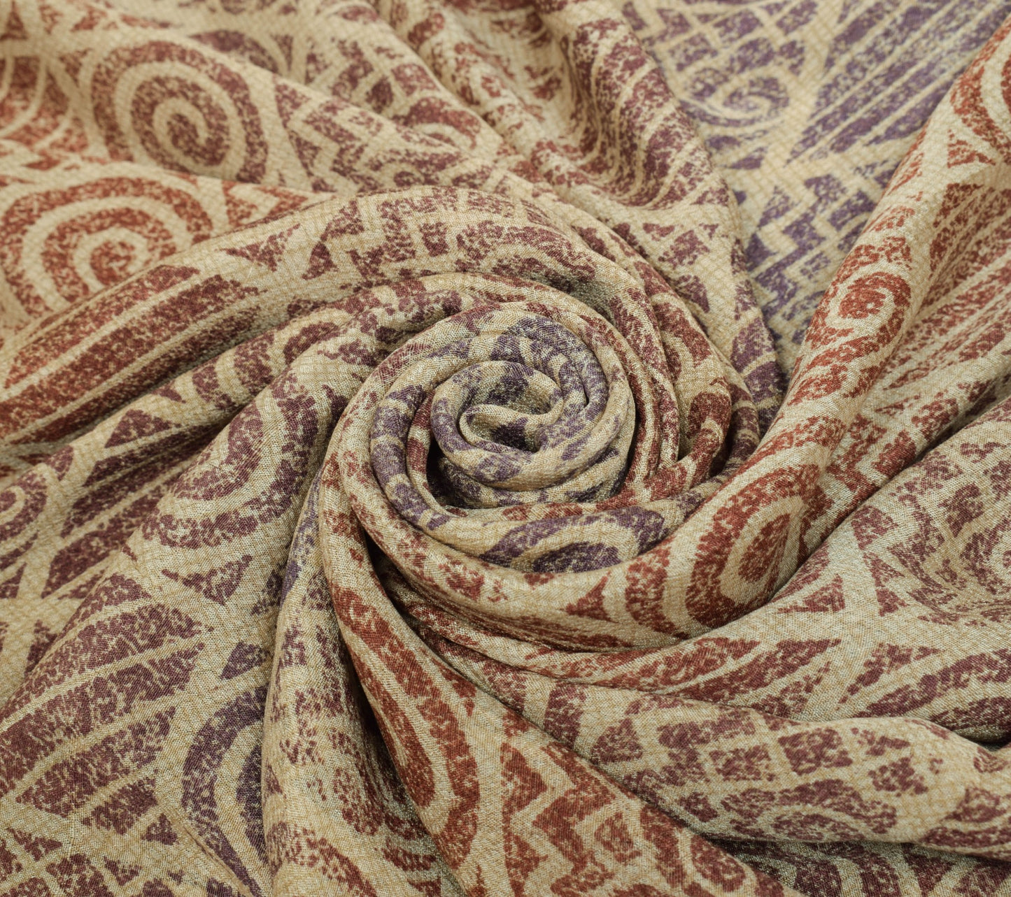 Sushila Vintage Light Brown Scrap Saree Pure Silk Printed Sari Remnant Fabric