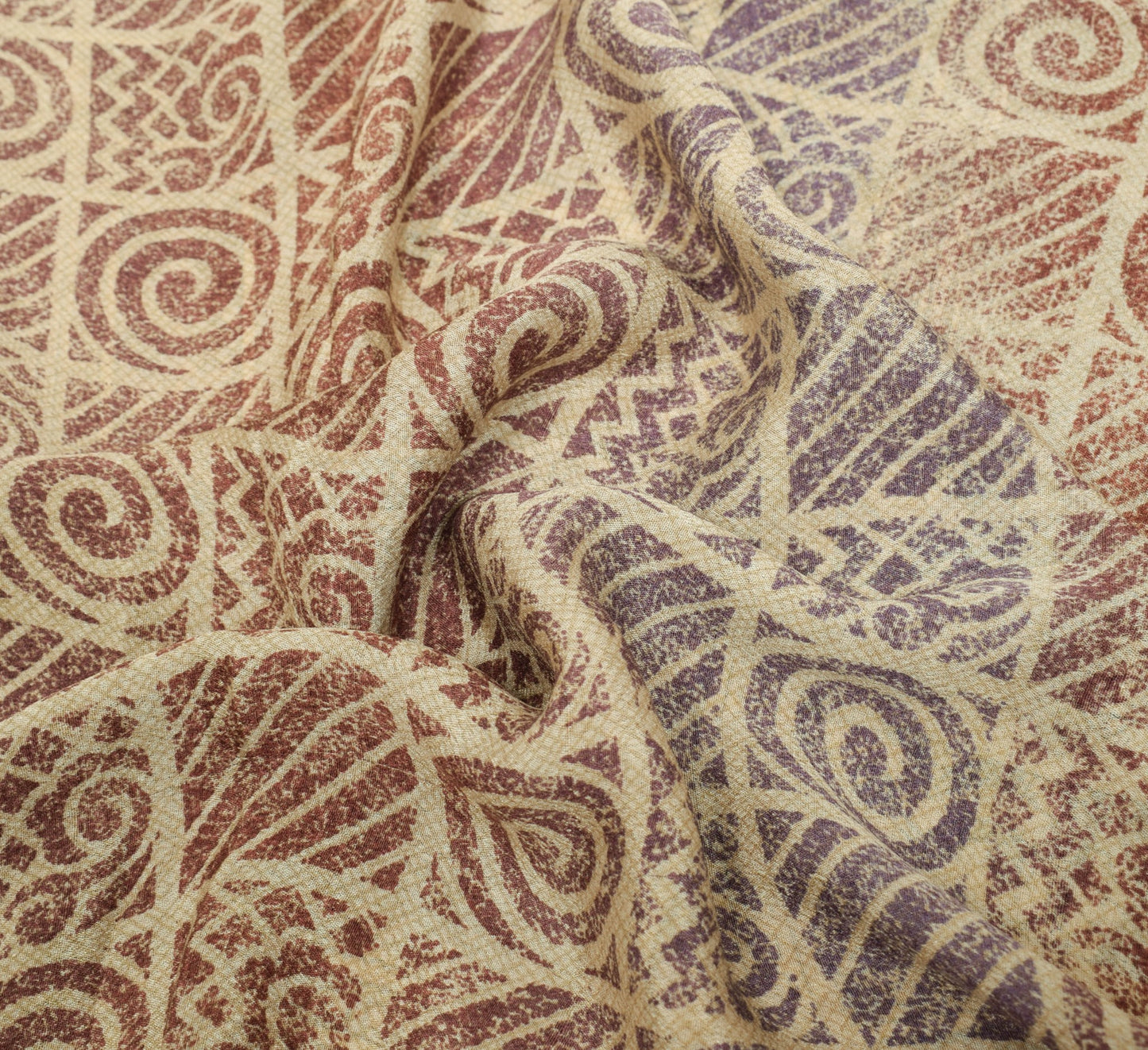 Sushila Vintage Light Brown Scrap Saree Pure Silk Printed Sari Remnant Fabric