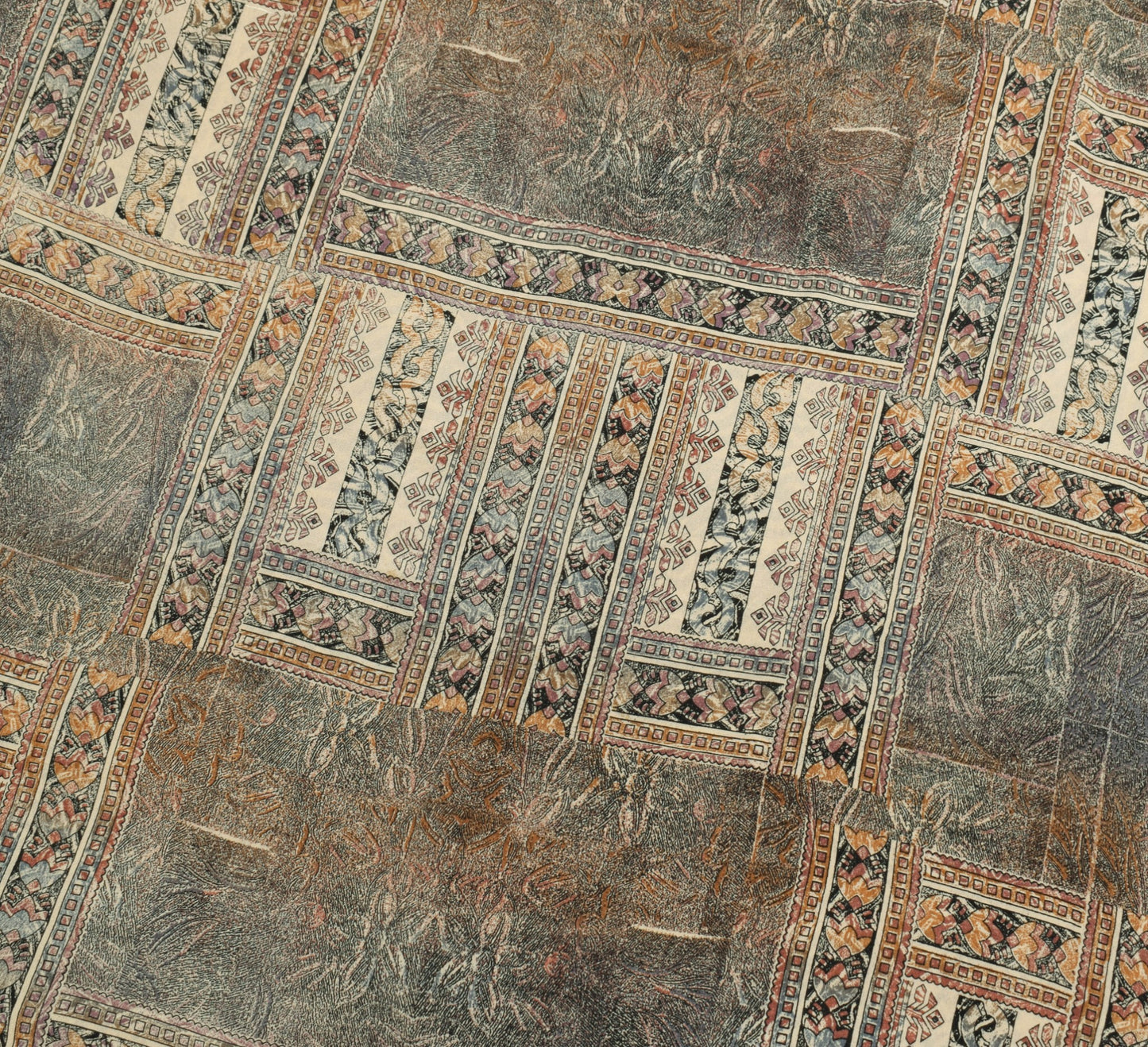 Sushila Vintage Light Brown Scrap Saree Pure Silk Printed Sari Remnant Fabric