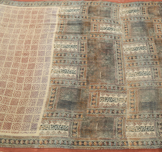 Sushila Vintage Light Brown Scrap Saree Pure Silk Printed Sari Remnant Fabric