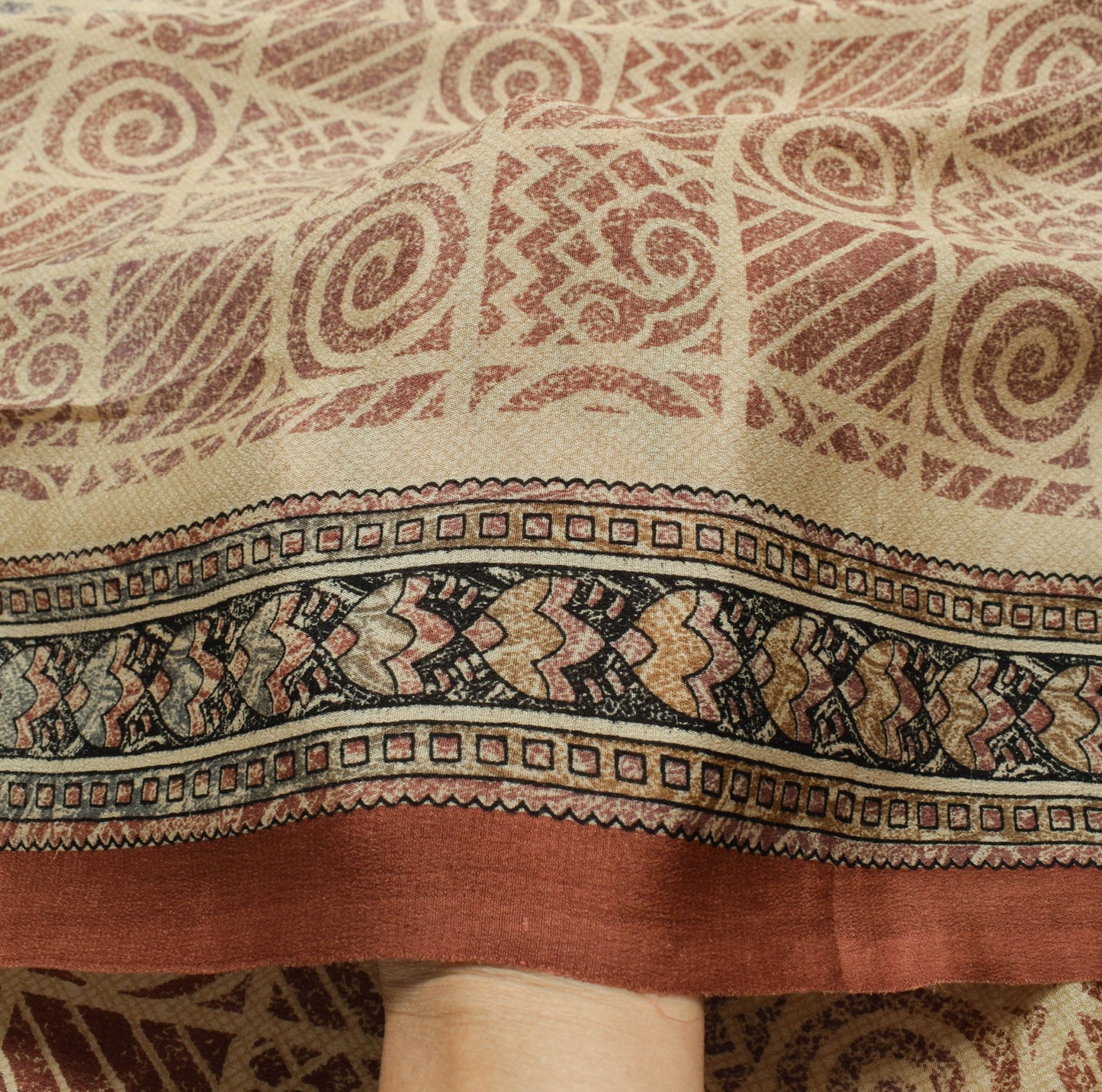 Sushila Vintage Light Brown Scrap Saree Pure Silk Printed Sari Remnant Fabric
