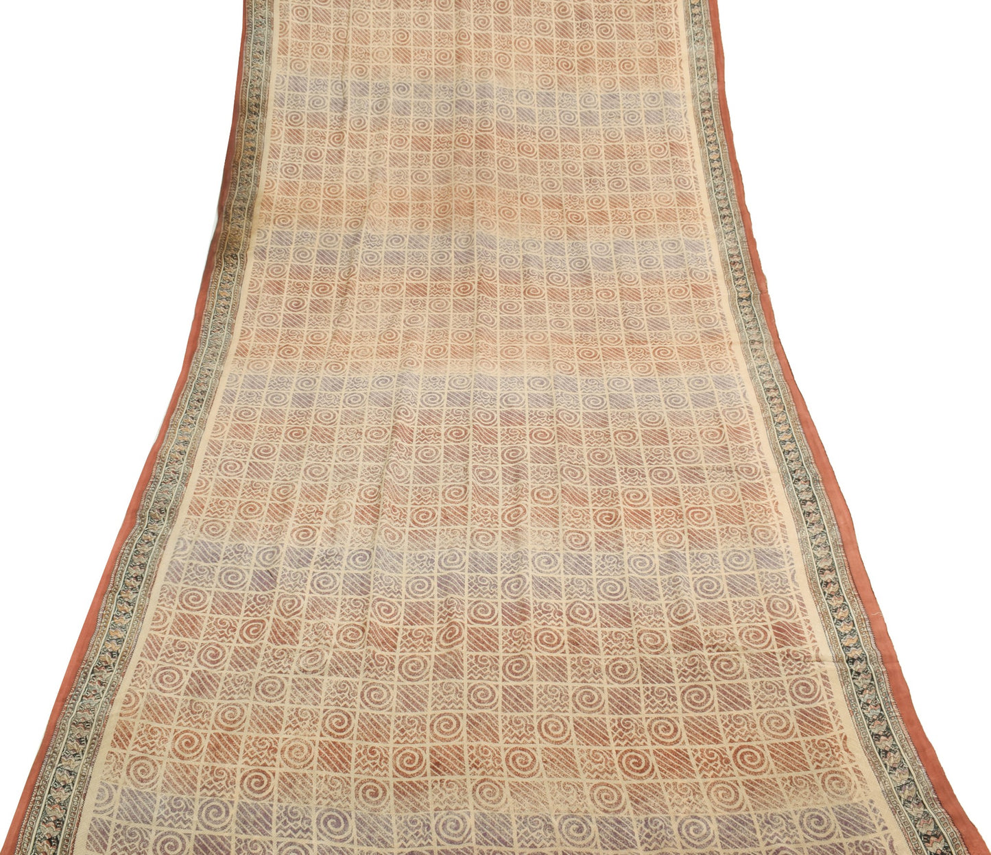 Sushila Vintage Light Brown Scrap Saree Pure Silk Printed Sari Remnant Fabric