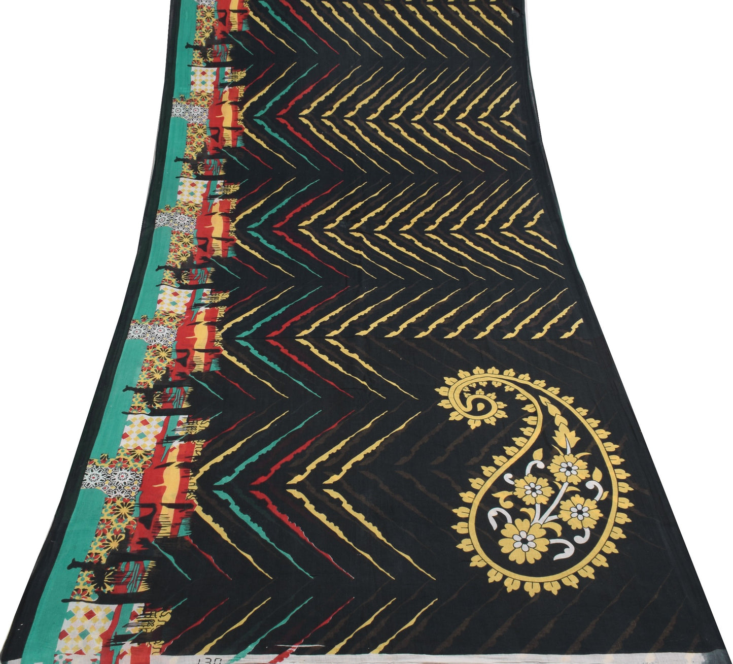 Sushila Vintage Black Scrap Saree 100% Pure Cotton Printed Abstract Sari Fabric