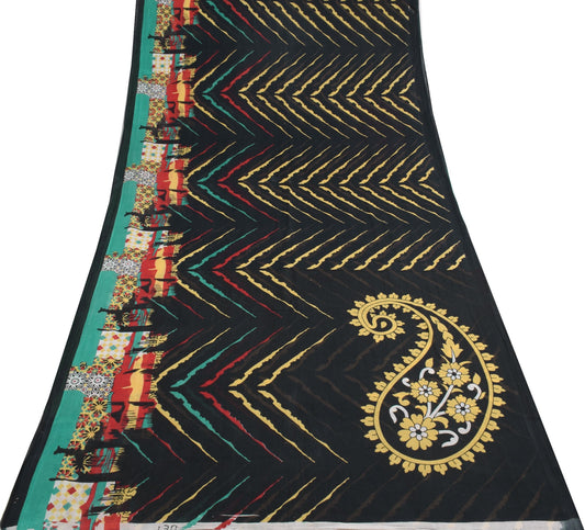 Sushila Vintage Black Scrap Saree 100% Pure Cotton Printed Abstract Sari Fabric