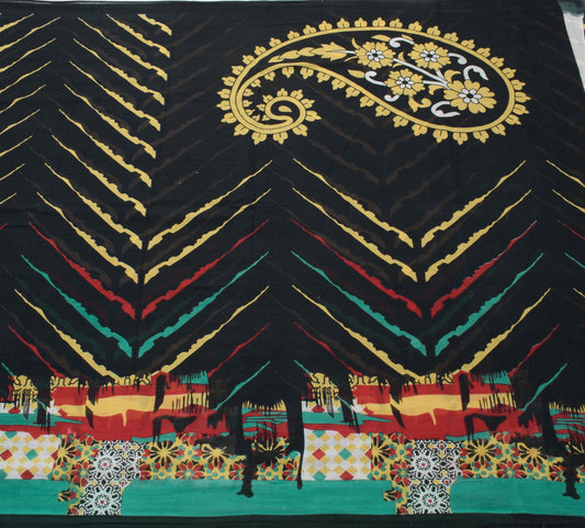Sushila Vintage Black Scrap Saree 100% Pure Cotton Printed Abstract Sari Fabric