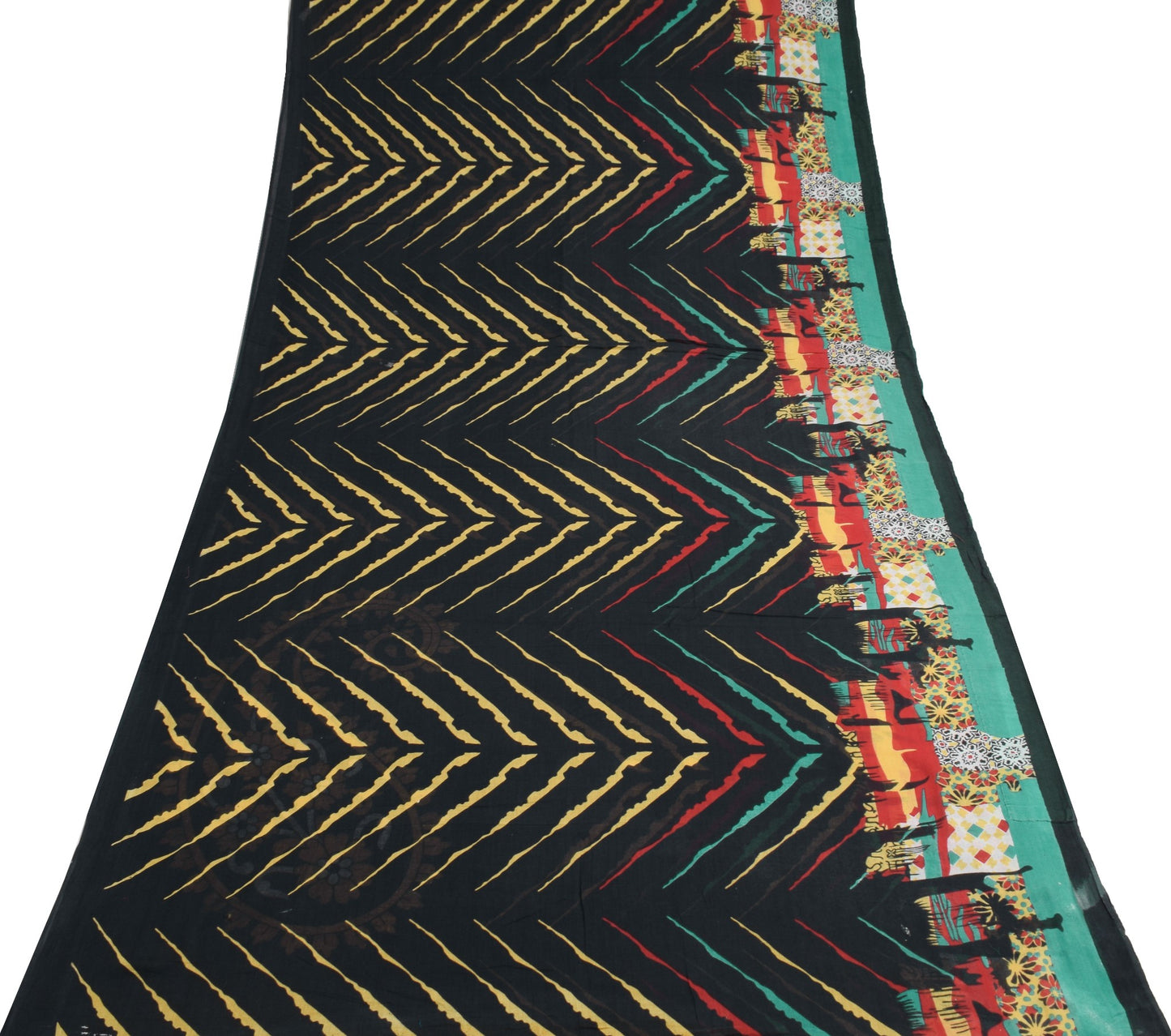 Sushila Vintage Black Scrap Saree 100% Pure Cotton Printed Abstract Sari Fabric