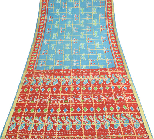 Sushila Vintage Aqua Blue Scrap Saree 100% Pure Cotton Ikat Printed Sari Fabric
