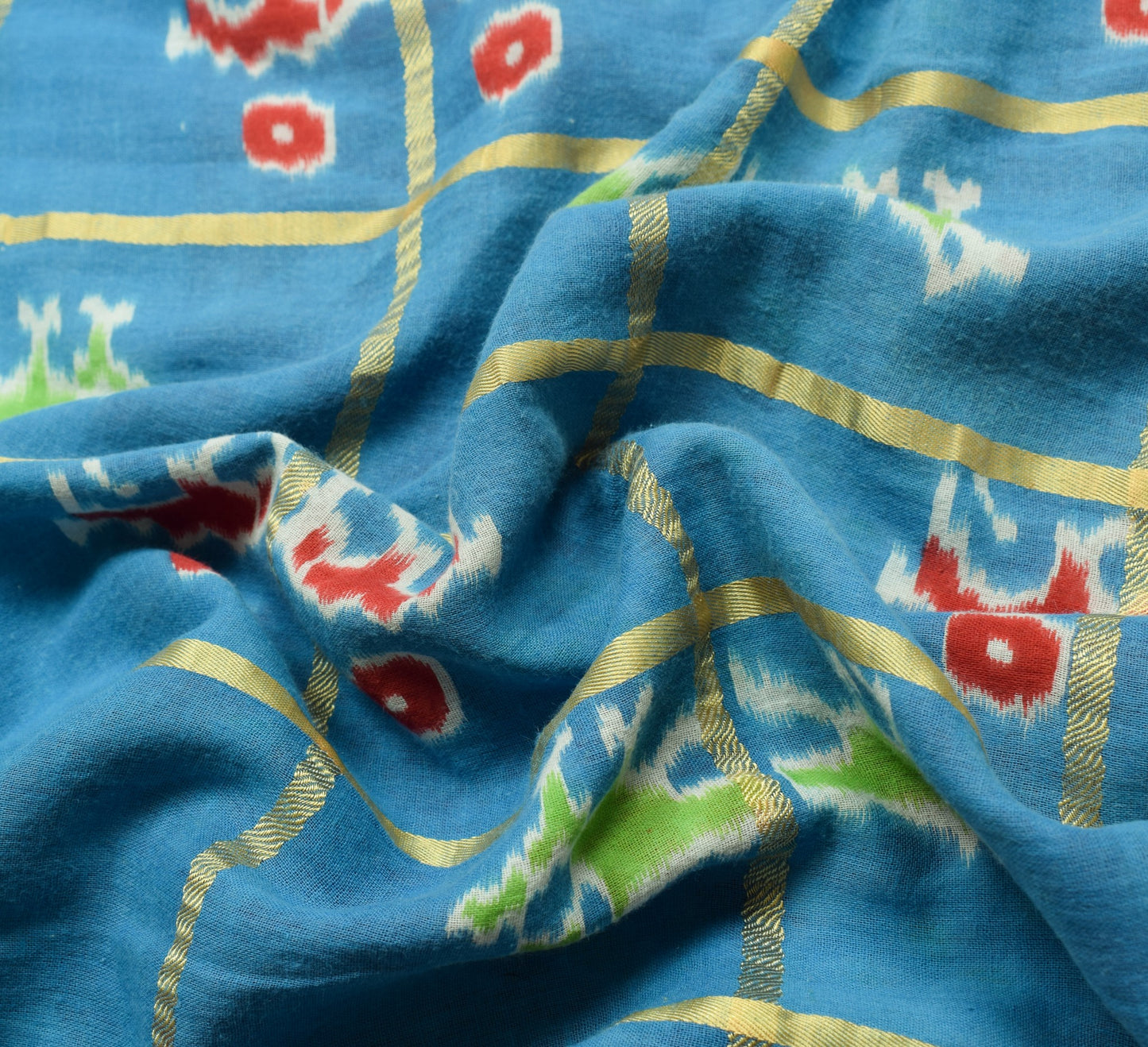 Sushila Vintage Aqua Blue Scrap Saree 100% Pure Cotton Ikat Printed Sari Fabric