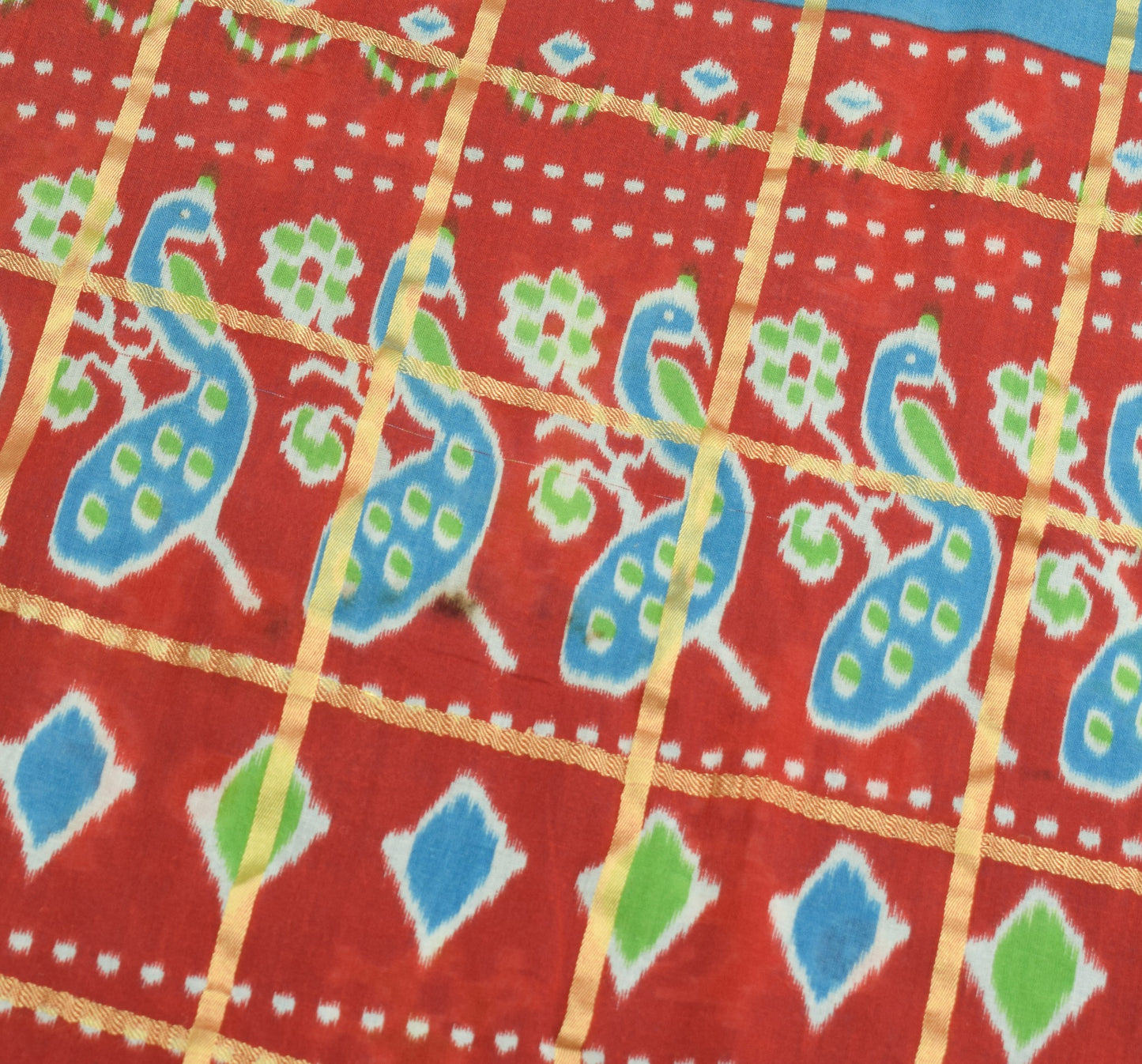 Sushila Vintage Aqua Blue Scrap Saree 100% Pure Cotton Ikat Printed Sari Fabric