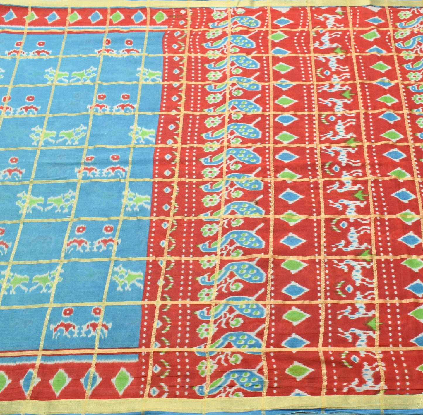 Sushila Vintage Aqua Blue Scrap Saree 100% Pure Cotton Ikat Printed Sari Fabric