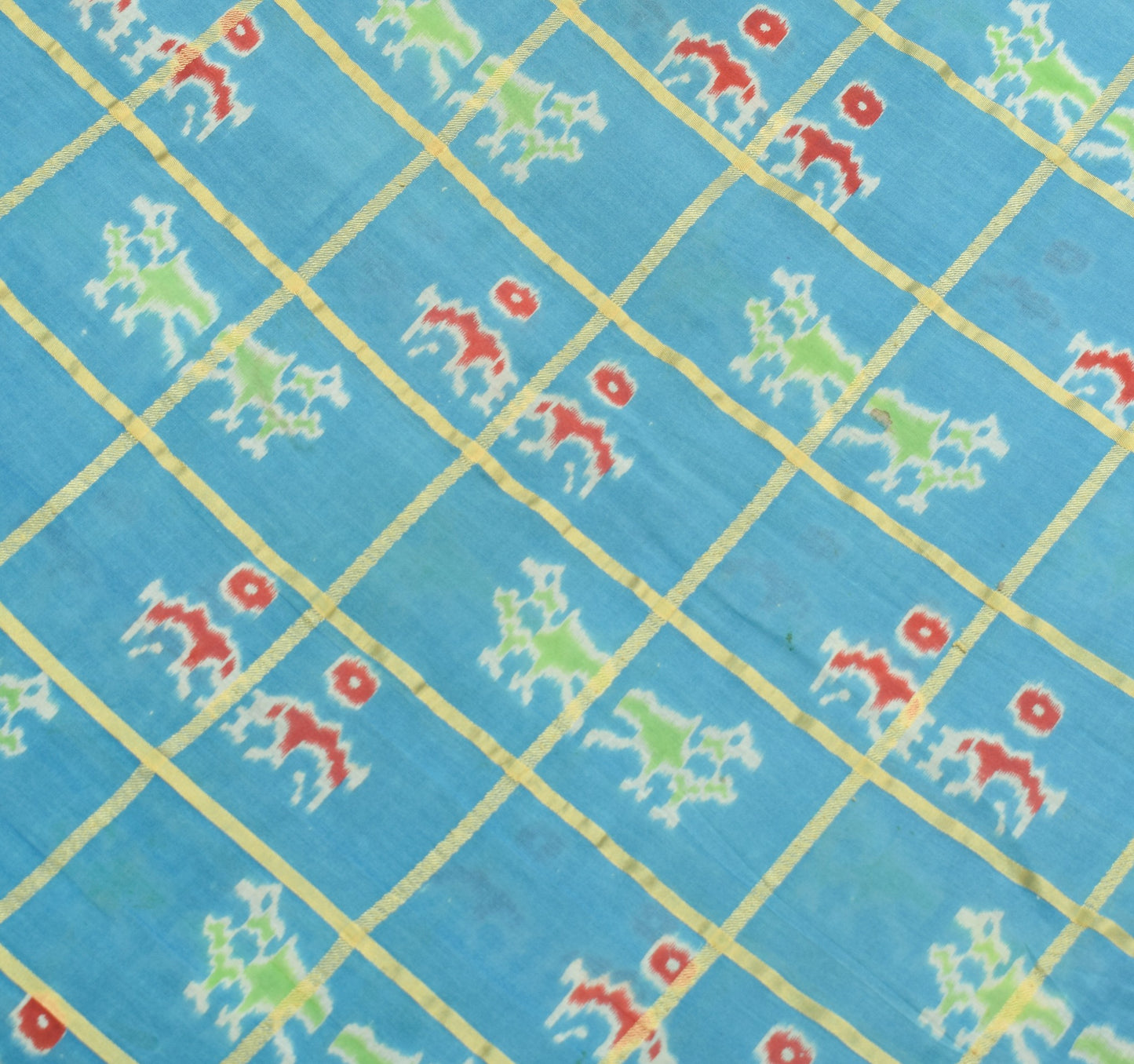 Sushila Vintage Aqua Blue Scrap Saree 100% Pure Cotton Ikat Printed Sari Fabric