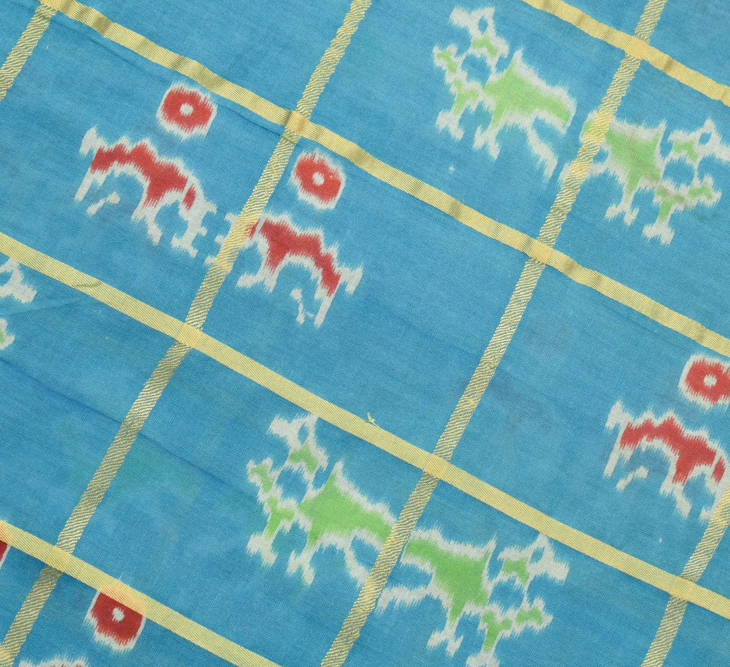 Sushila Vintage Aqua Blue Scrap Saree 100% Pure Cotton Ikat Printed Sari Fabric