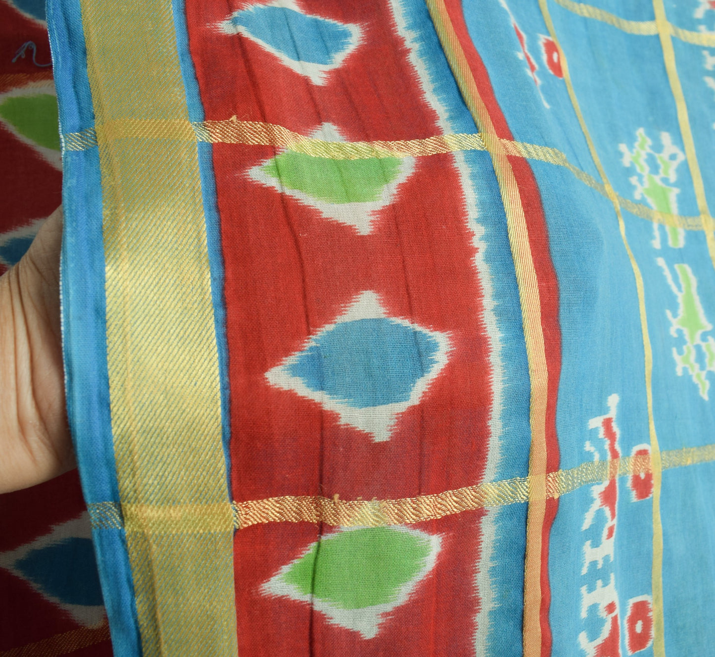 Sushila Vintage Aqua Blue Scrap Saree 100% Pure Cotton Ikat Printed Sari Fabric
