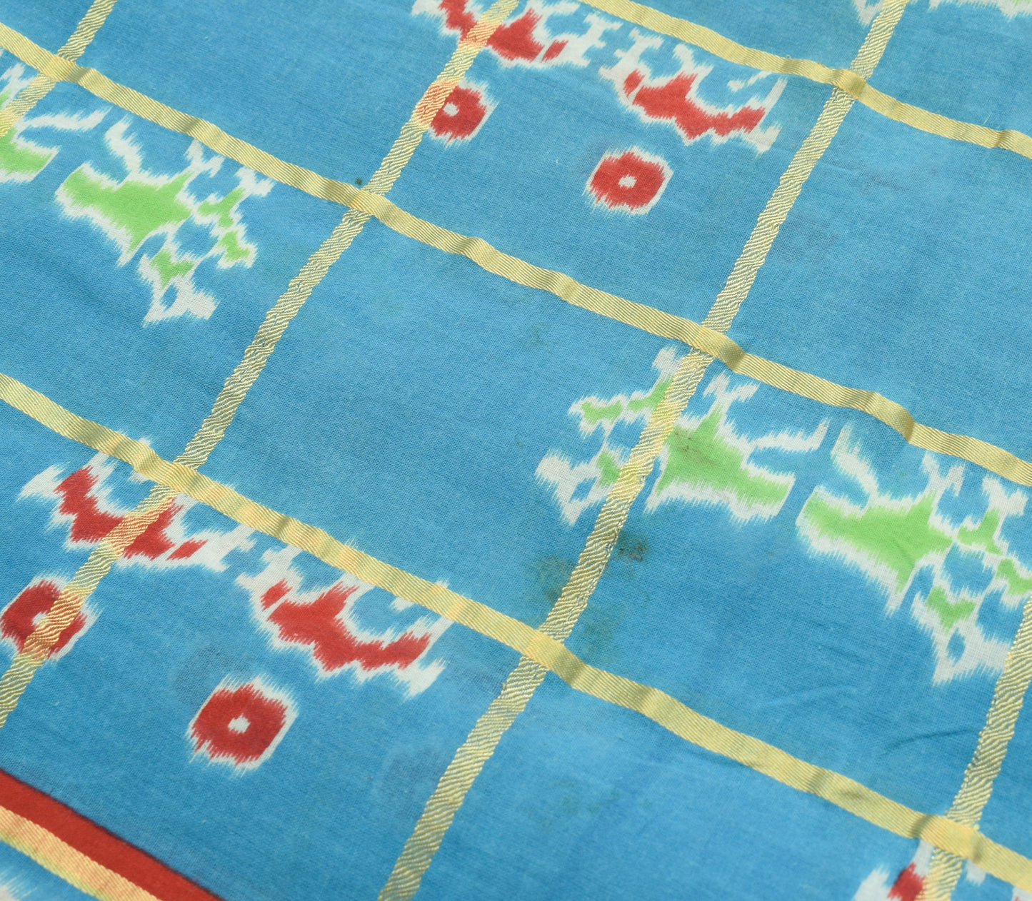 Sushila Vintage Aqua Blue Scrap Saree 100% Pure Cotton Ikat Printed Sari Fabric