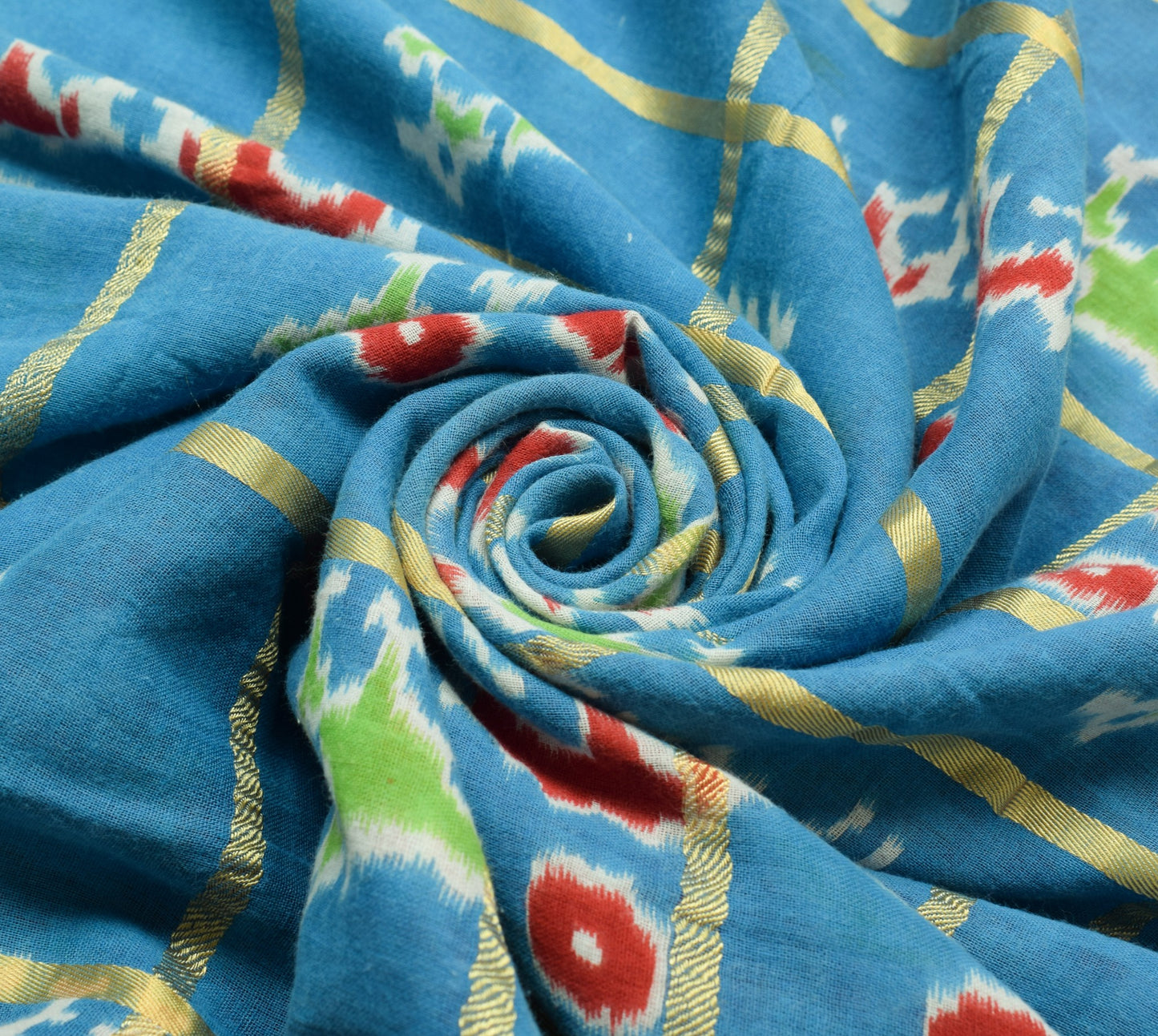 Sushila Vintage Aqua Blue Scrap Saree 100% Pure Cotton Ikat Printed Sari Fabric