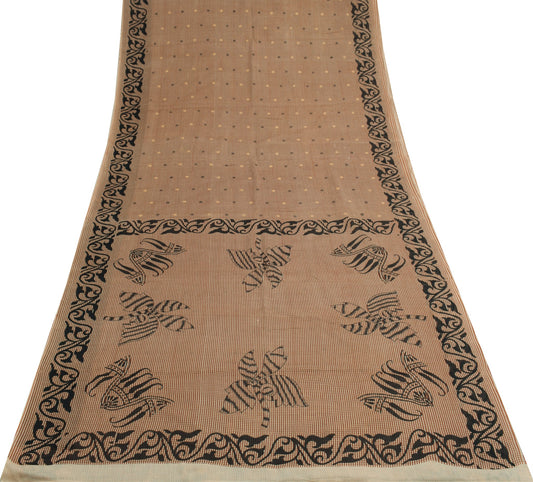Sushila Vintage Brown Scrap Saree 100% Pure Cotton Printed Floral Sari Fabric