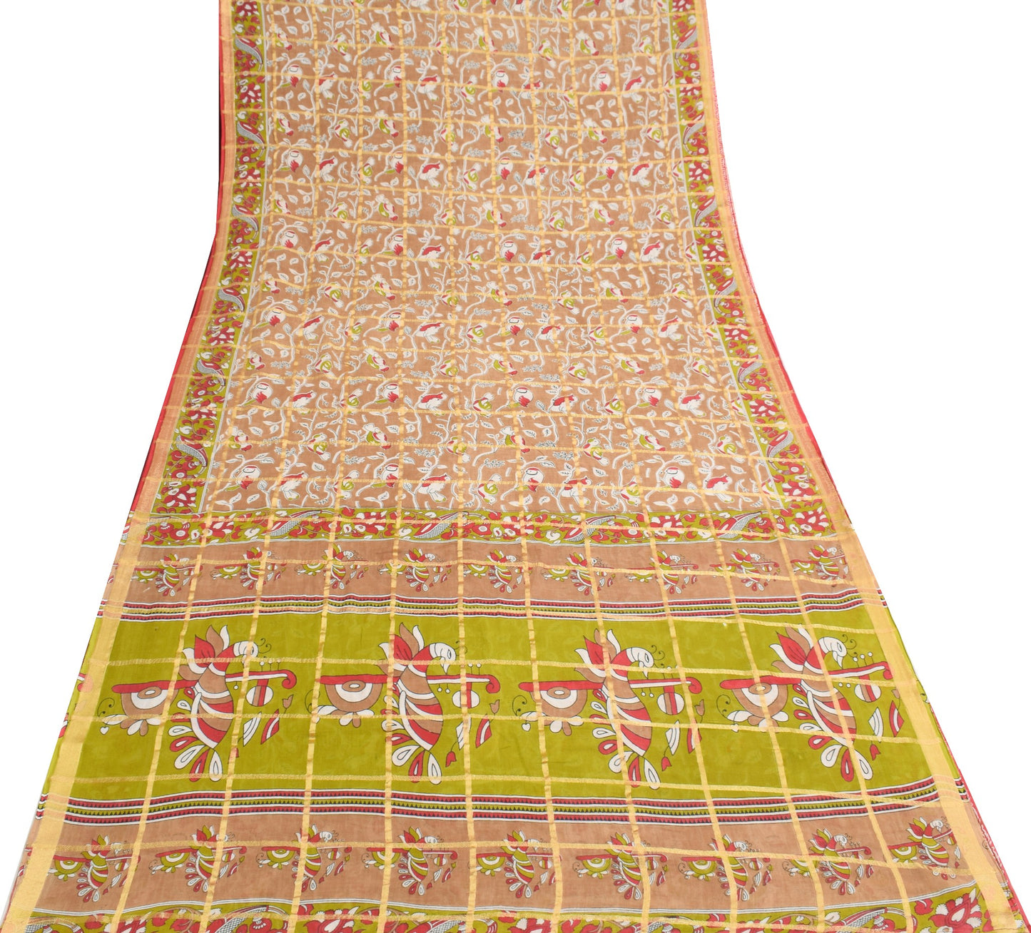 Sushila Vintage Brown Scrap Saree 100% Pure Cotton Kalamkari Printed Sari Fabric