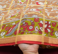 Sushila Vintage Brown Scrap Saree 100% Pure Cotton Kalamkari Printed Sari Fabric