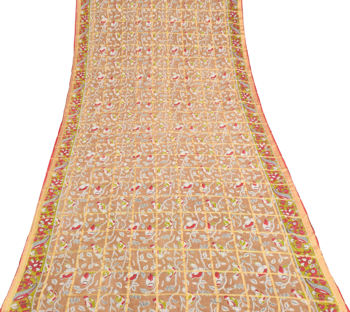 Sushila Vintage Brown Scrap Saree 100% Pure Cotton Kalamkari Printed Sari Fabric