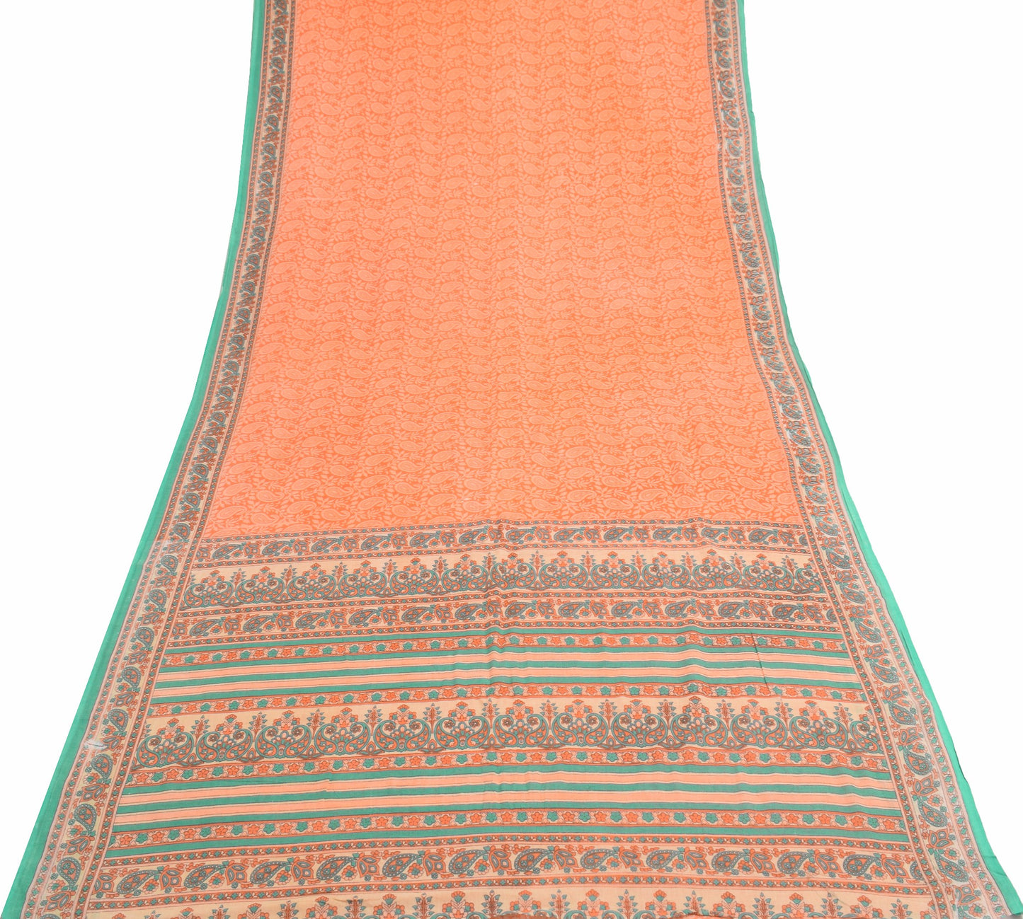 Sushila Vintage Dark Peach Scrap Saree Pure Cotton Printed Paisley Sari Fabric