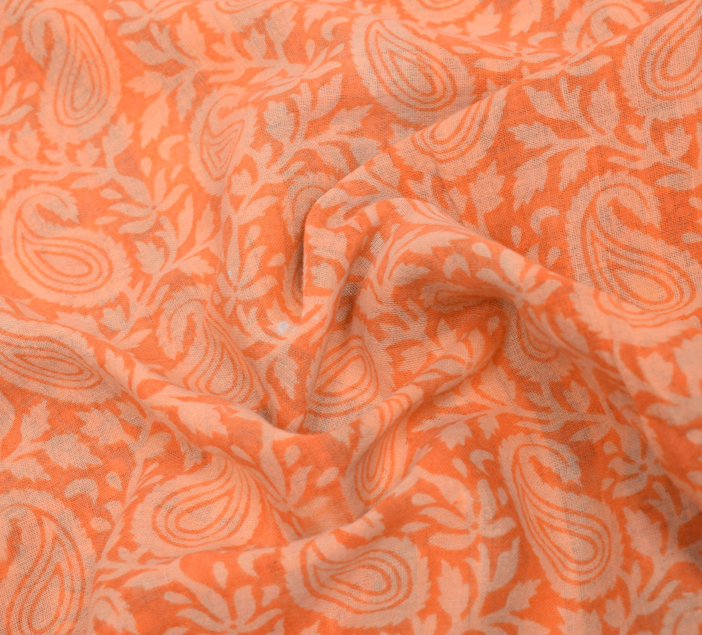 Sushila Vintage Dark Peach Scrap Saree Pure Cotton Printed Paisley Sari Fabric
