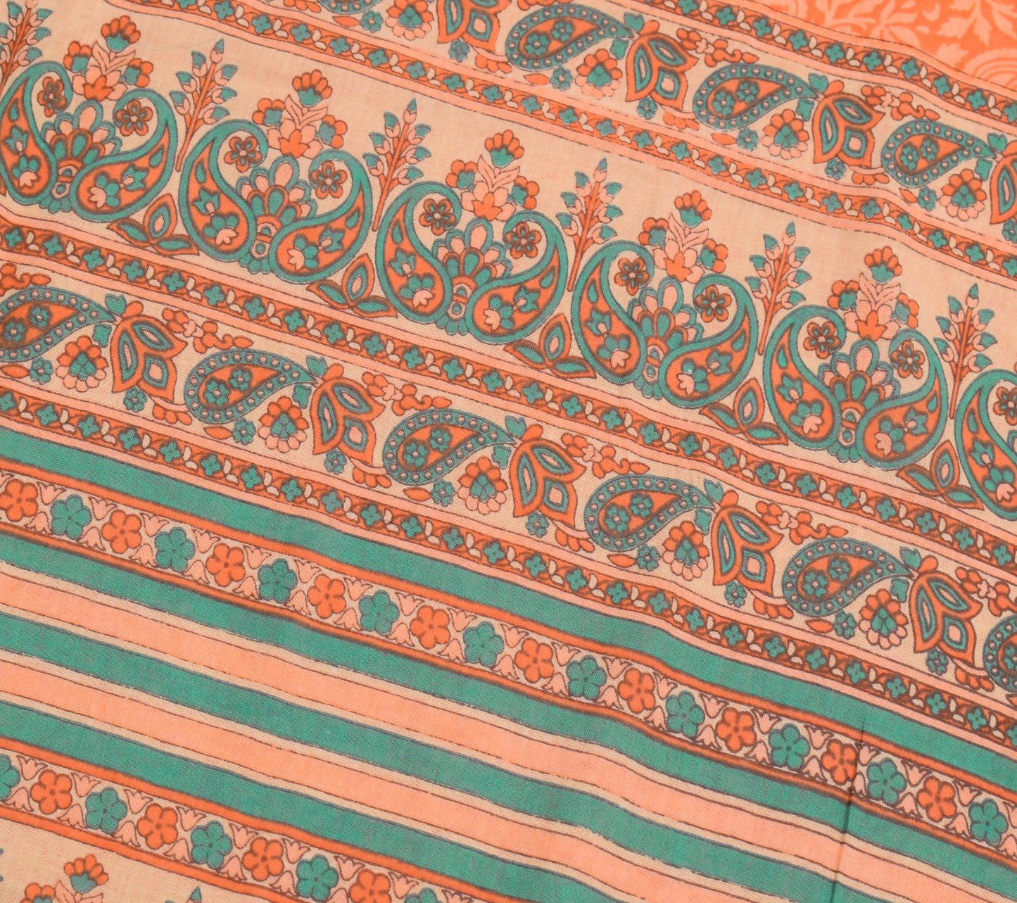 Sushila Vintage Dark Peach Scrap Saree Pure Cotton Printed Paisley Sari Fabric