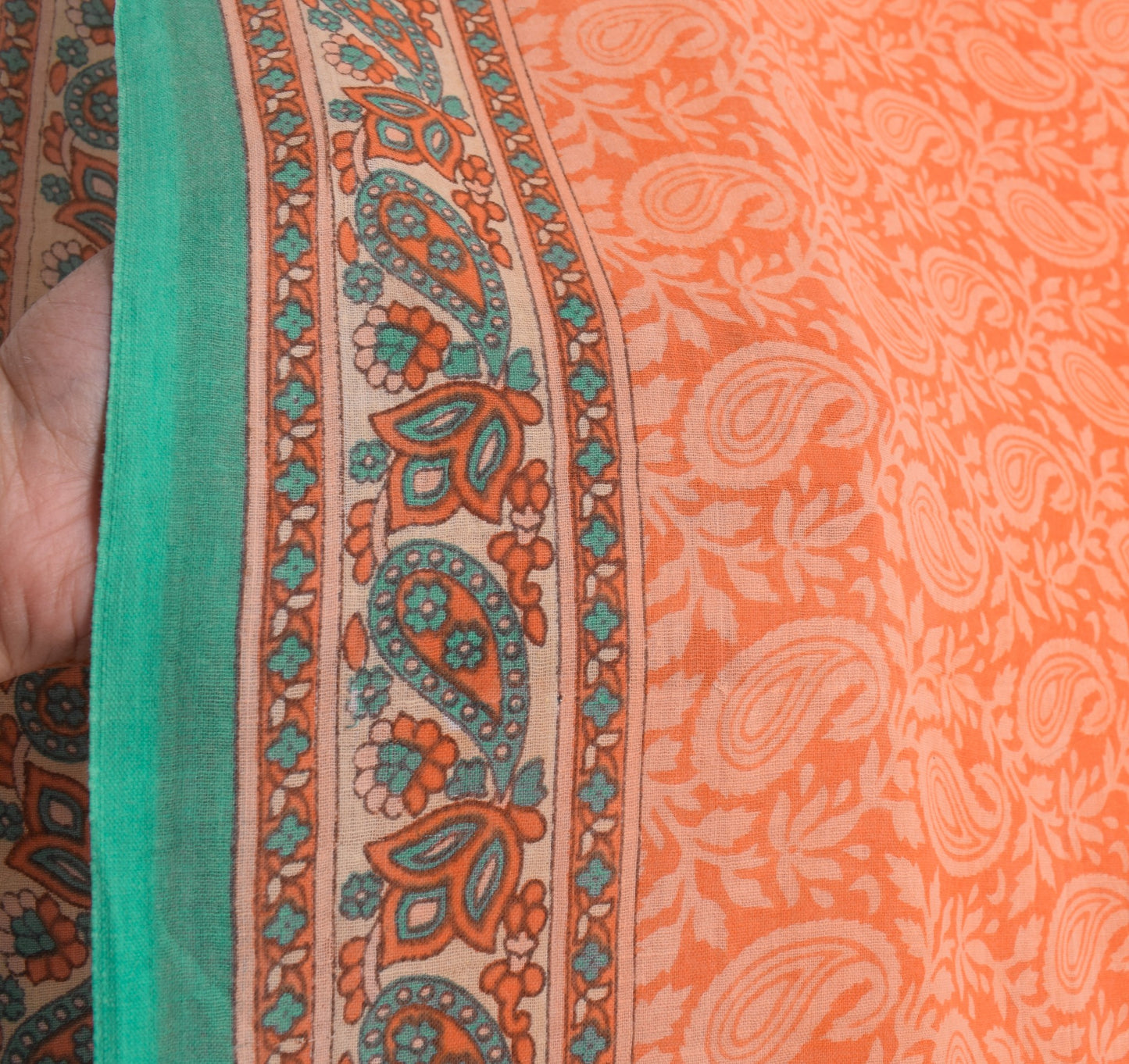 Sushila Vintage Dark Peach Scrap Saree Pure Cotton Printed Paisley Sari Fabric
