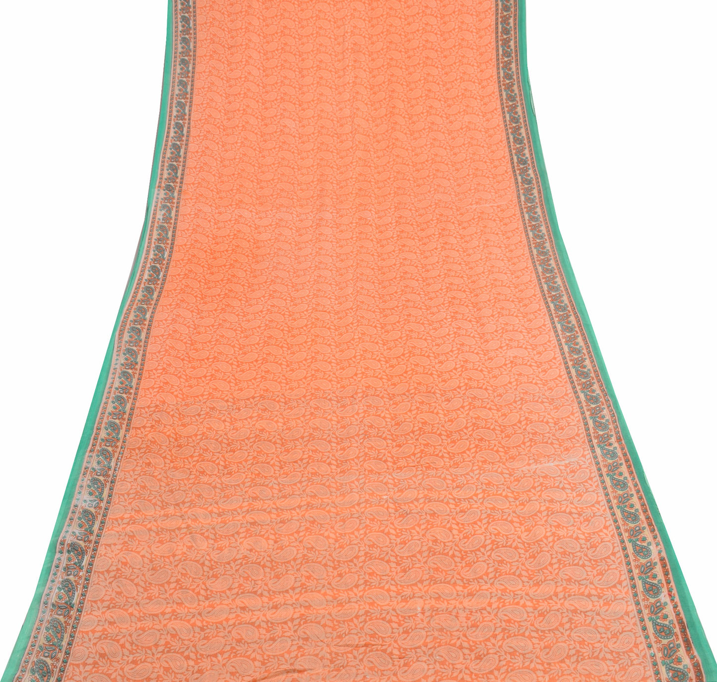 Sushila Vintage Dark Peach Scrap Saree Pure Cotton Printed Paisley Sari Fabric