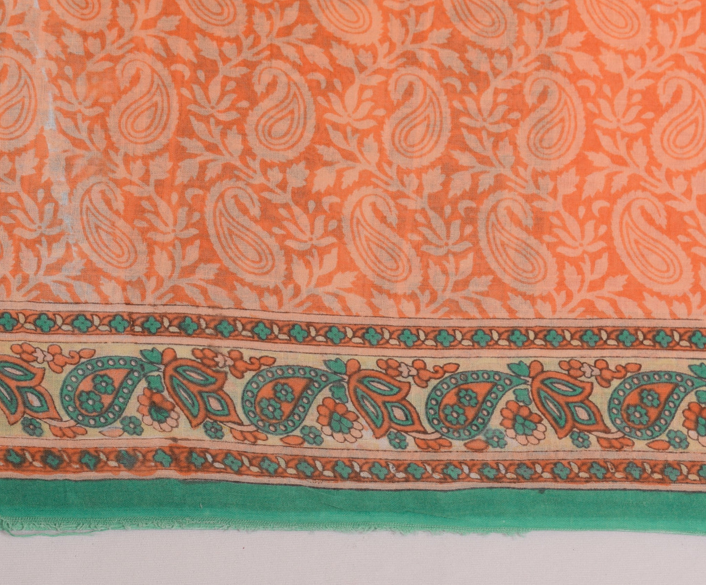 Sushila Vintage Dark Peach Scrap Saree Pure Cotton Printed Paisley Sari Fabric