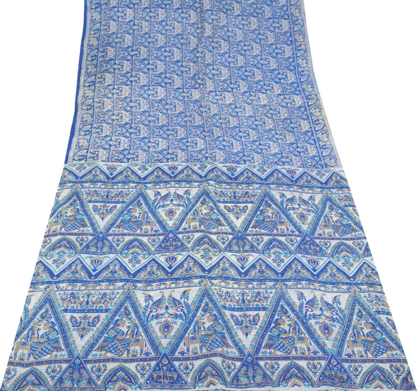Sushila Vintage Blue Scrap Saree Pure Silk Printed Animal Bird Sari Craft Fabric