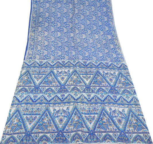 Sushila Vintage Blue Scrap Saree Pure Silk Printed Animal Bird Sari Craft Fabric