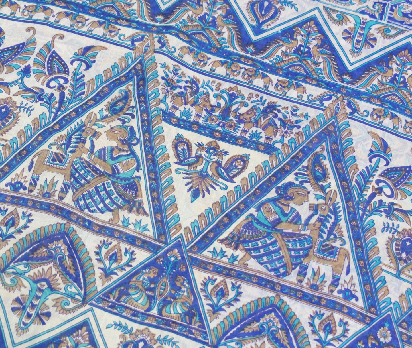 Sushila Vintage Blue Scrap Saree Pure Silk Printed Animal Bird Sari Craft Fabric