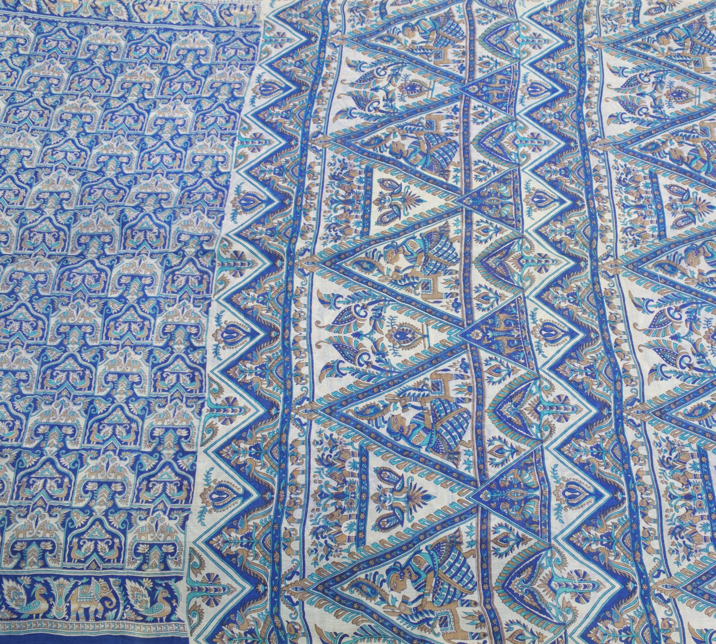 Sushila Vintage Blue Scrap Saree Pure Silk Printed Animal Bird Sari Craft Fabric